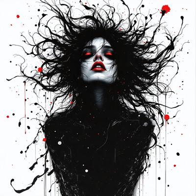 The primary subject of the image is a woman with long black hair, wearing a black dress. She has a striking appearance, with her eyes painted red. The setting is a white background, which provides a clean and minimalist look to the image. The visual style is a combination of digital art and illustration, creating a striking and unique portrait. The colors and mood of the image are dark and dramatic, with the red eyes adding a touch of intensity and emotion to the overall atmosphere.